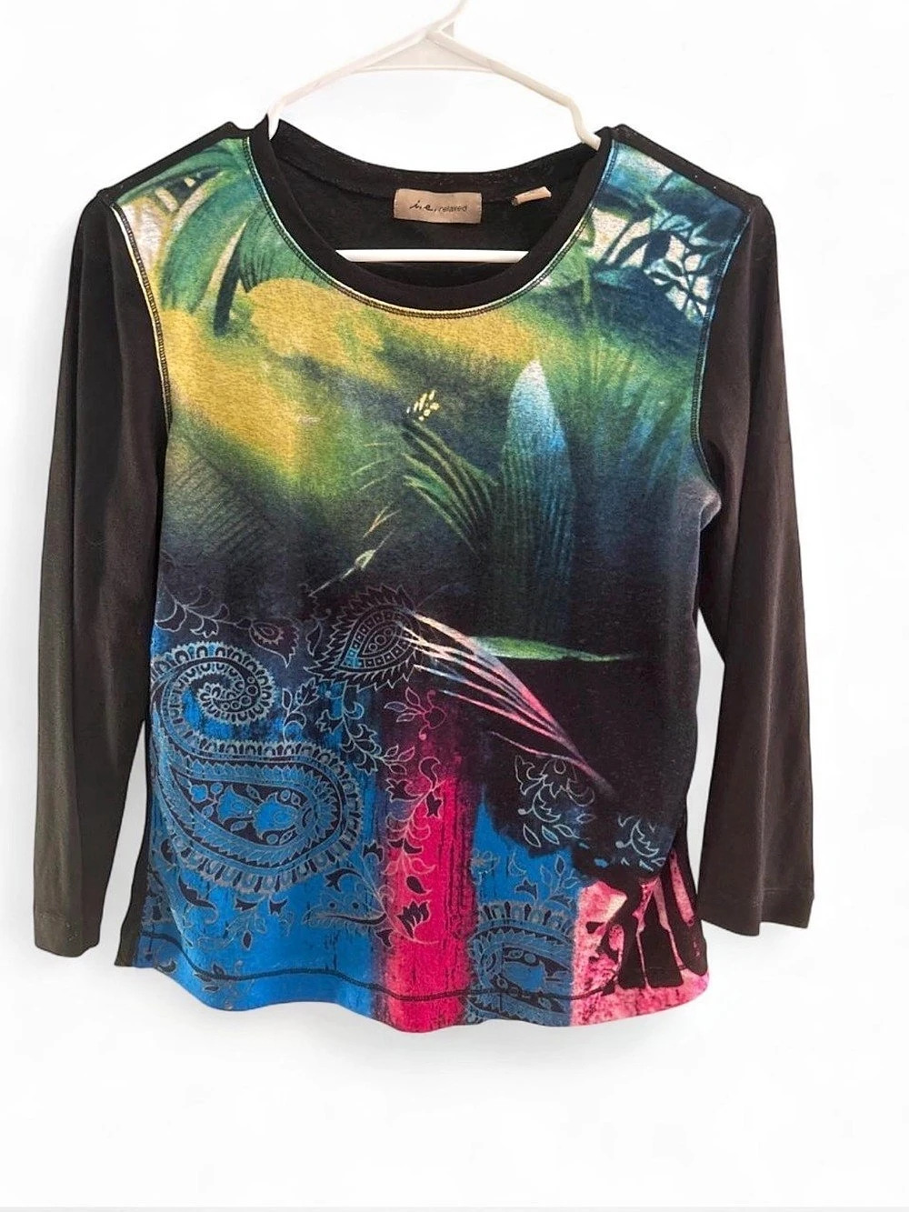 in. relaxed Abstract Long Sleeve Top in Black & Blue Size Large